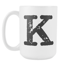 Initial Mug - Letter K - 15oz Ceramic Cup - Granddad Gift Mug - Right-Handed or Left-Handed Mug