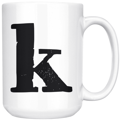 K Initial Mug - Lower Case K - 15oz Ceramic Cup - Co-Worker Gift Mug - Right-Handed or Left-Handed Mug