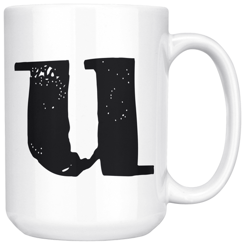 U Initial Mug - Lower Case U - 15oz Ceramic Cup - Personalized Office Mug - Right-Handed or Left-Handed Mug