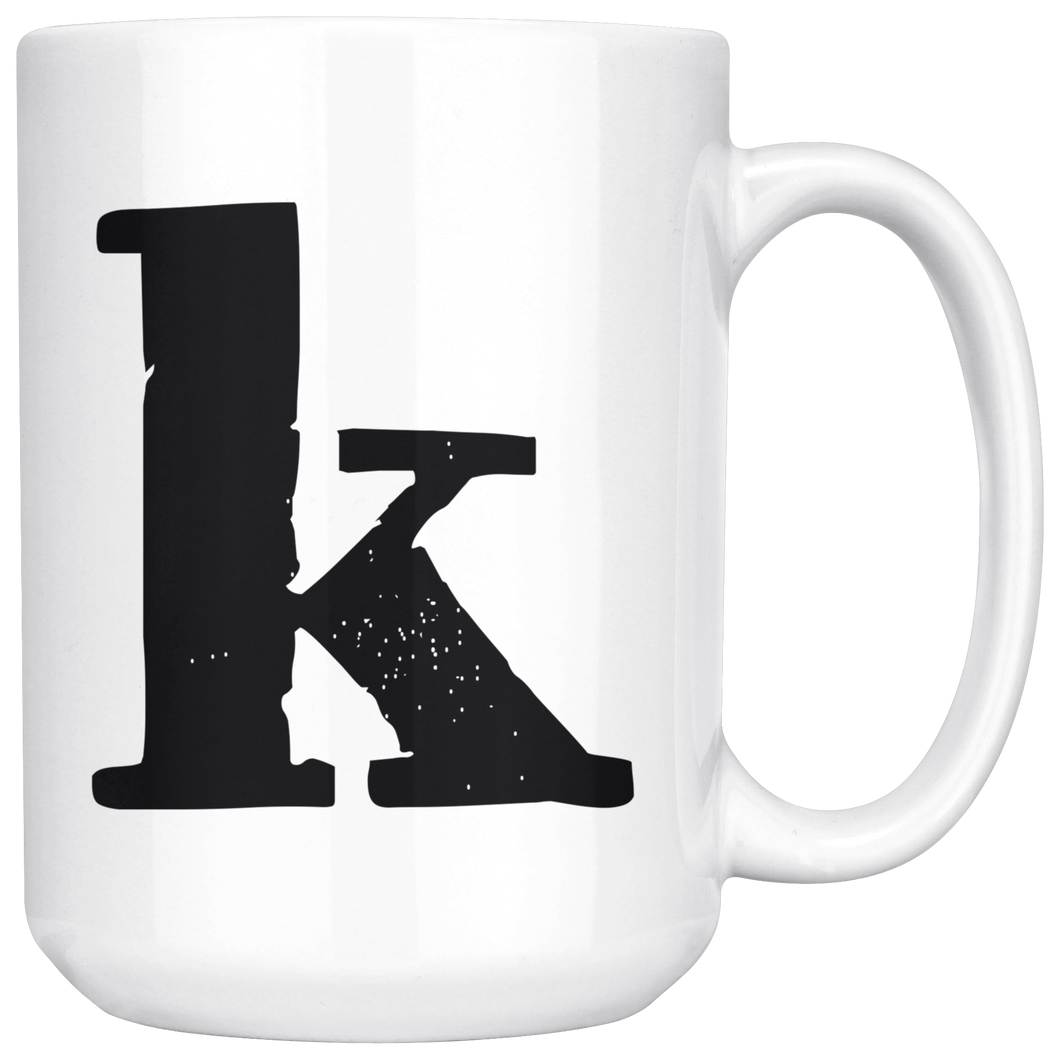 K Initial Mug - Lower Case K - 15oz Ceramic Cup - Co-Worker Gift Mug - Right-Handed or Left-Handed Mug