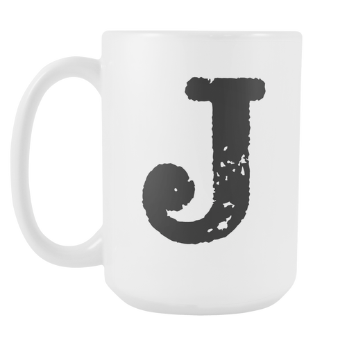 Initial Mug - Letter J - 15oz Ceramic Cup - Sister Gift Mug - Right-Handed or Left-Handed Mug