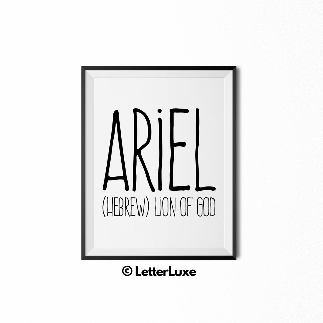 Ariel Name Meaning Art - Jewish Baby Shower Printable Decoration - Nursery Wall Decor