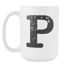 Initial Mug - Letter P - 15oz Ceramic Cup - Brother Gift Mug - Right-Handed or Left-Handed Mug