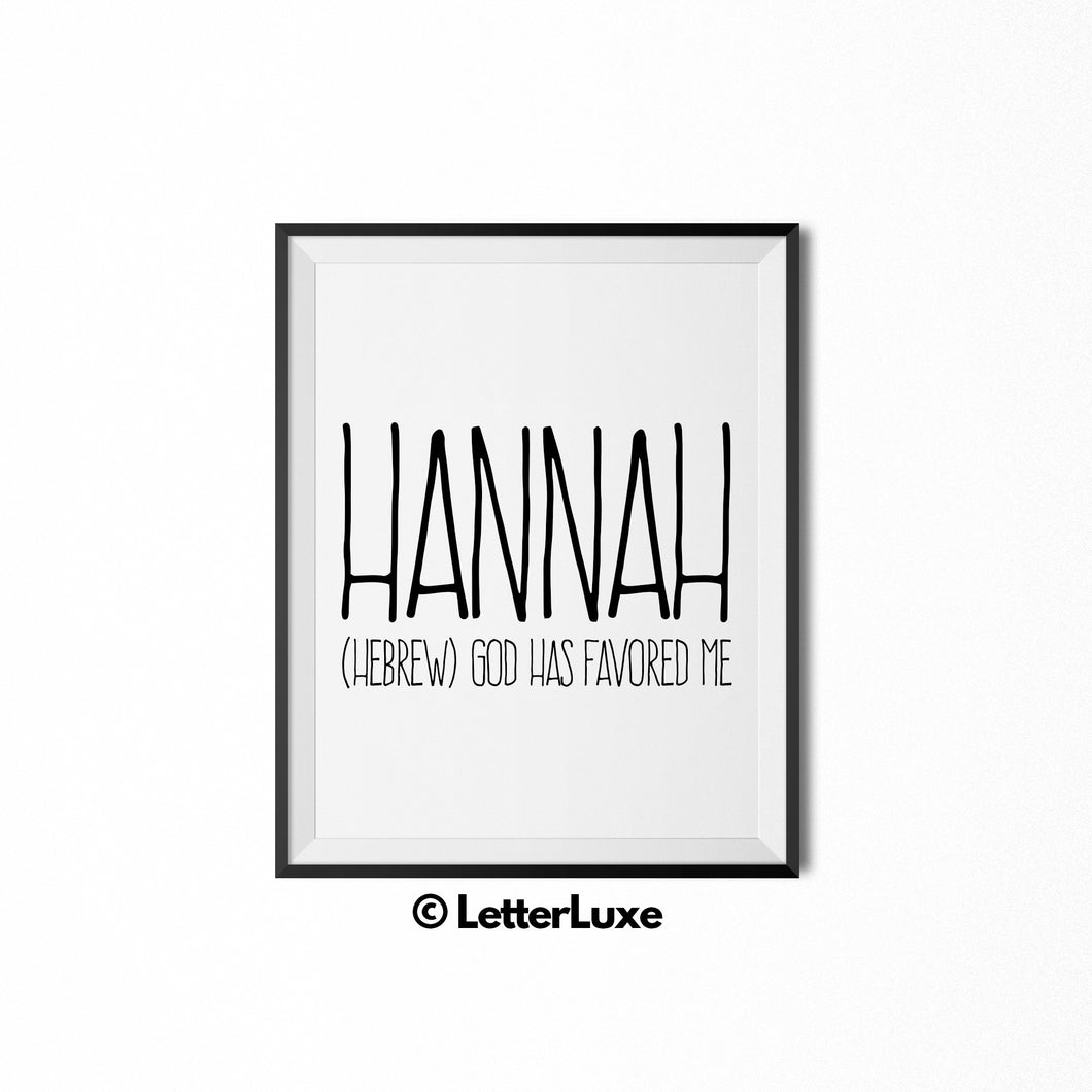 Hannah Name Meaning Print - Printable Birthday Gift
