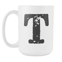 Initial Mug - Letter T - 15oz Ceramic Cup - Granddad Gift Mug - Right-Handed or Left-Handed Mug