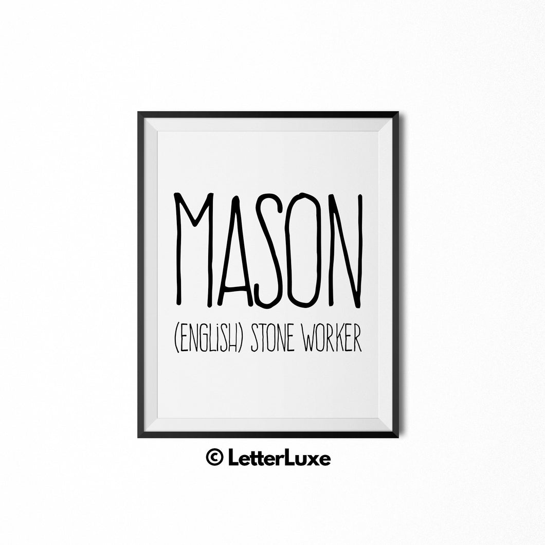 Mason Name Meaning Nursery Wall Decor - Baby Shower Gift