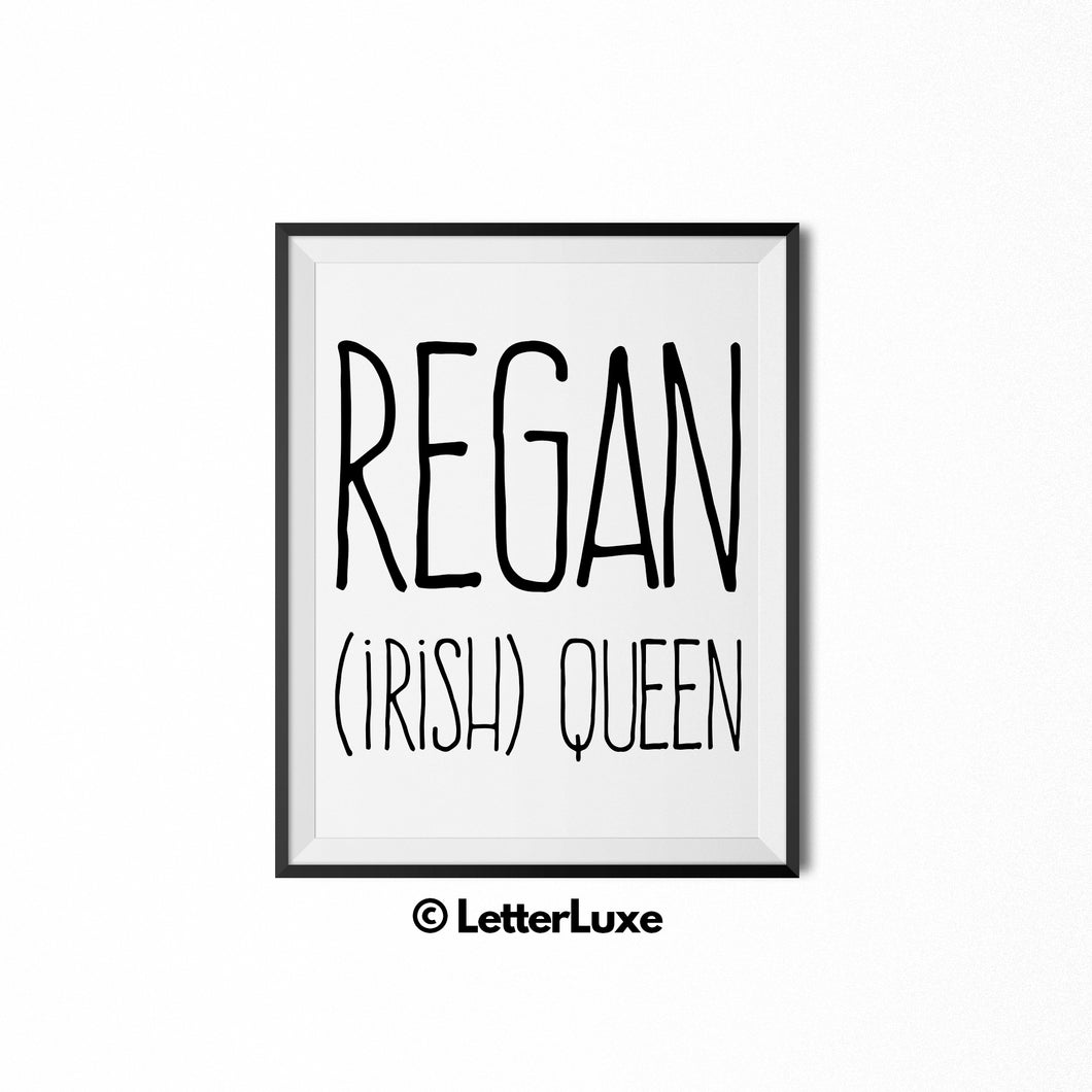 Regan Name Meaning Art - Printable Baby Shower Gift - Birthday Pary Decorations