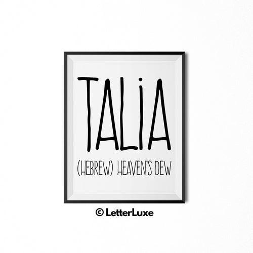 Talia Printable Nursery Decor - Name Meaning Gift - Jewish Baby Shower Decoration