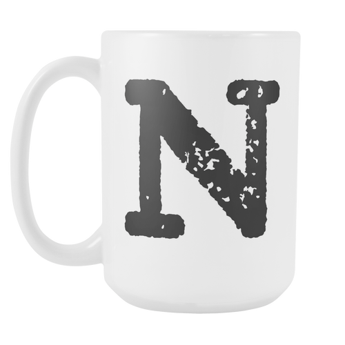 Initial Mug - Letter N - 15oz Ceramic Cup - Secretary Gift Mug - Right-Handed or Left-Handed Mug