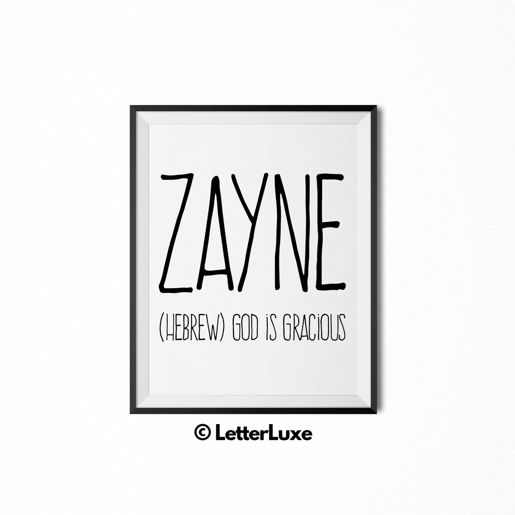 Zayne Name Meaning Art - Printable Baby Shower Decorations - Birthday Gift