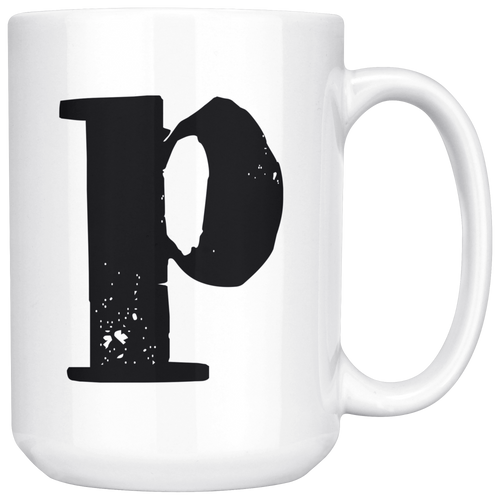 P Initial Mug - Lower Case P - 15oz Ceramic Cup - Son-in-Law Gift Mug - Right-Handed or Left-Handed Mug